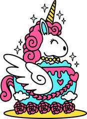 Hand-drawn cute unicorn cake illustration