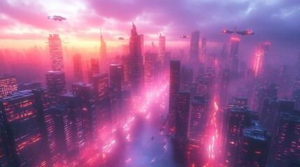 Fototapeta premium Futuristic cityscape at sunset with neon lights and flying vehicles.