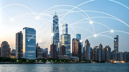 City Skyline Illuminated by Network Lines Symbolizing Cyber Resilience and Innovation