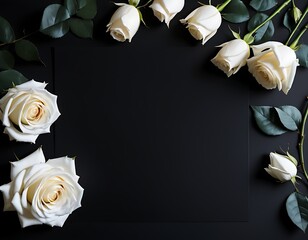 Blank condolence card, sympathy card, memorial card, greeting card with fresh Roses on the dark and neutral background floral concept. Empty place for a text.