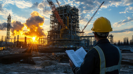 Construction manager reviewing safety manual at sunset on site