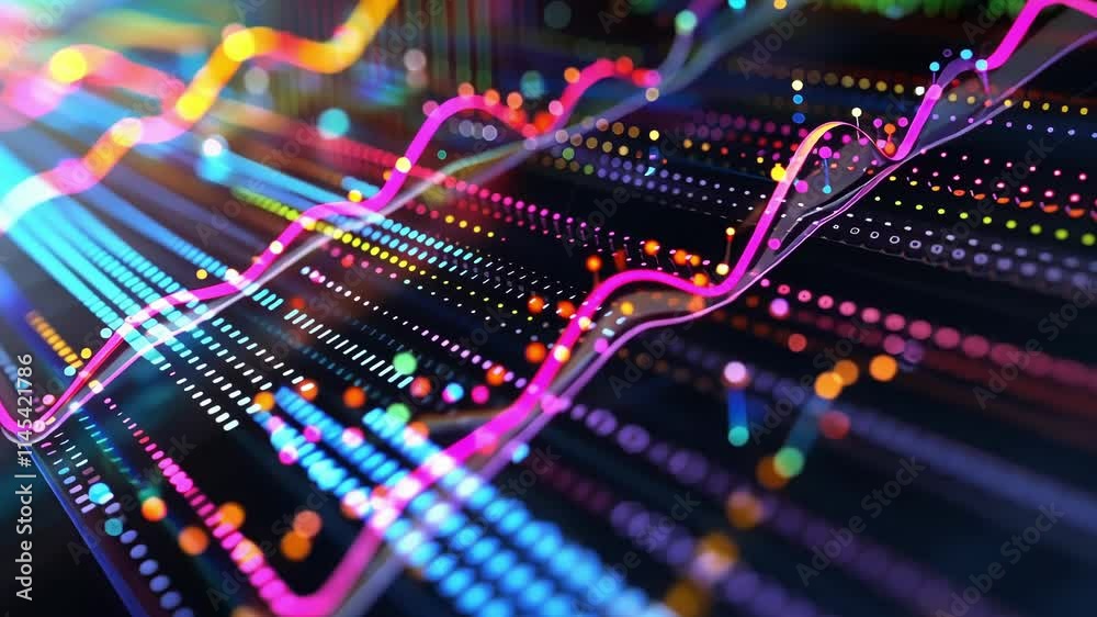 Poster Big data flowing, showing colorful connections and statistics showing progress in a futuristic and technological representation of digital information