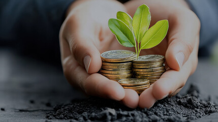 Growing plant on coins symbolizes investment in sustainability and growth. This reflects importance of nurturing both financial and environmental health