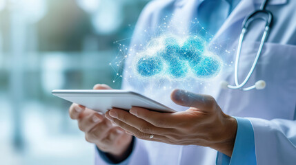 A healthcare professional holds a tablet displaying a cloud icon, symbolizing digital health and cloud computing in medical technology.