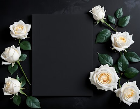 Blank condolence card, sympathy card, memorial card, greeting card with fresh Roses on the dark and neutral background floral concept. Empty place for a text.
