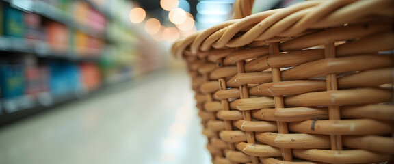 Close-up of a rustic wicker basket in a blurred supermarket aisle.  Warm lighting enhances the texture.