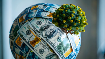 Close up of a globe made of dollar bills with a small tree sprouting and copy space concept as A macro shot shows a globe formed from dollar bills with a small tree sprouting from it symbolizing globa