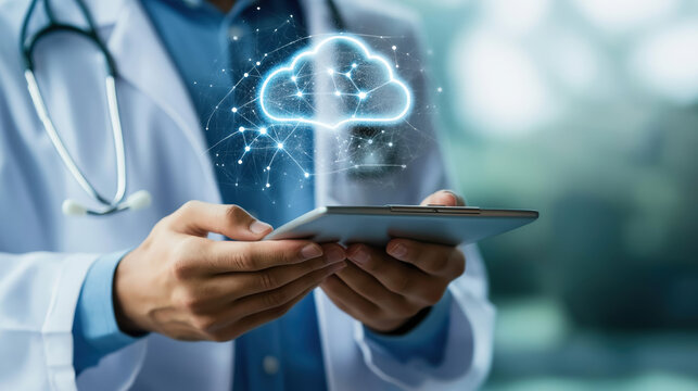 A healthcare professional uses a tablet with a digital cloud symbol, representing the integration of technology in medical practice.