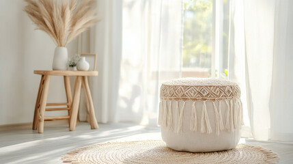 Cozy interior featuring decorative pouf, woven rug, and minimalist decor. soft light enhances warm atmosphere, creating serene and inviting space