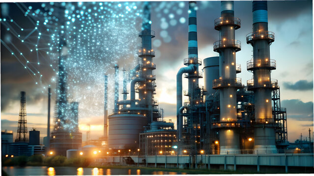 Factory chimneys emitting data streams instead of smoke and copy space concept as Glossy image showing factory chimneys emitting streams of data instead of smoke symbolizing the shift to data centric 