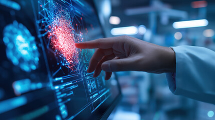 A hand interacts with a digital interface displaying colorful data visualizations, suggesting advanced technology and scientific analysis.