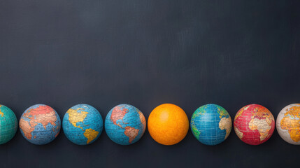 Colorful globes arranged in line against dark background, showcasing different continents and bright sun. This represents global awareness and education