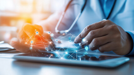 A healthcare professional interacts with a digital tablet, showcasing a network of connections and data visualization, symbolizing technology in medicine.