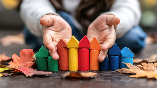 Colorful wooden toy houses arranged in row, held by child hands, surrounded by autumn leaves. This playful scene evokes creativity and imagination