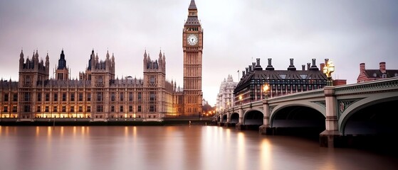 Naklejka premium Iconic view of the Houses of Parliament and Big Ben by the river.