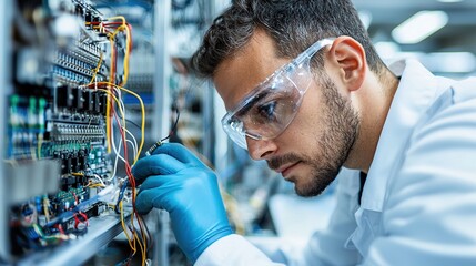 A technician working on electronic components with safety gear in a lab environment.