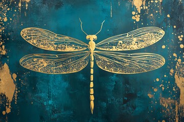 Gold dragonfly illustration on teal grunge background.