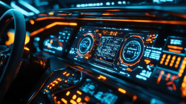 Futuristic Car Dashboard:  A close-up of a futuristic car's dashboard illuminated with vibrant neon blue and orange hues. - Powered by Adobe