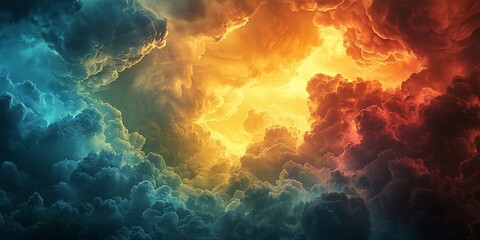 Dramatic cloudscape with vibrant teal, orange, and red hues.
