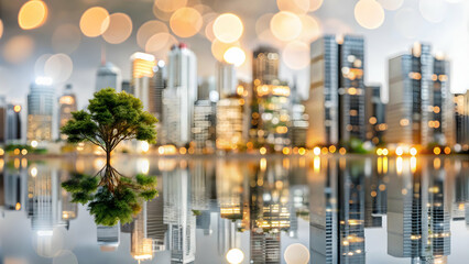 Urban Skyscrapers Reflect in Water with Trees and Bokeh Lights Abstract Harmony Concept