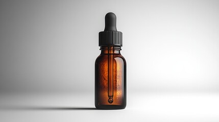 Fototapeta premium An amber glass dropper bottle with a black lid, commonly used for liquids or essential oils.