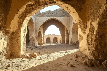 Exploring ancient desert ruins caravanserai remnants in the arid landscape historical architecture desert environment captivating perspective