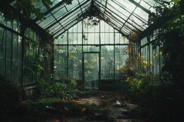 Exploring overgrown ruins of a victorian greenhouse nature's abandoned sanctuary lush environment interior viewpoint captivating concept of forgotten beauty