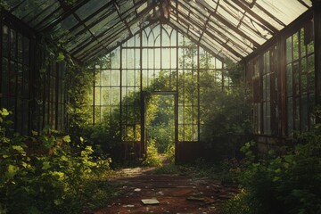 Exploring overgrown ruins of a victorian greenhouse in a lush garden nature photography captivating environment serene viewpoint evocative concept