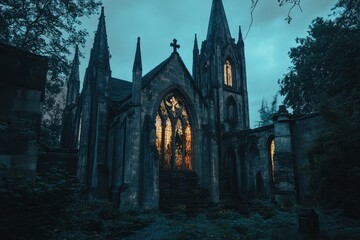 Obraz premium Exploring the enigmatic ruins of a gothic church at twilight surrounded by nature captured in a mysterious environment with towering spires and glowing windows