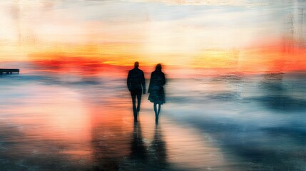 Fototapeta premium Romantic couple walking along a AI generated illustration