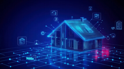 Blue house frame lines, holographic image