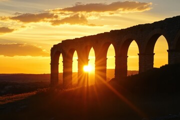 Breathtaking sunset over ancient ruins of a roman aqueduct scenic landscape natural beauty tranquil environment captured in golden hour historical significance