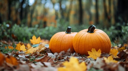 Two pumpkins in the forest, surrounded by autumn leaves.