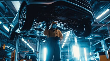 Under the Hood: A mechanic inspects the underside of a lifted vehicle,  illuminated by a bright blue light in a modern, industrial setting.