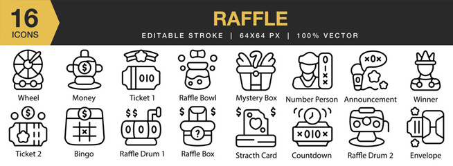 Raffle icon set. Editable Stroke Icon Collection. Includes Bingo, Drum, Gamble, Loto, Lottery, Raffle, Ticket, and More. Outline icons vector collection.