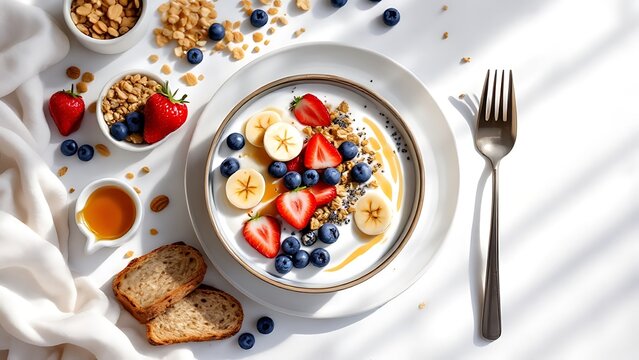 An overhead view of a healthy breakfast spread featuring fresh fruit, creamy yogurt, and wholesome ingredients, offering a nutritious and delicious start to the day.