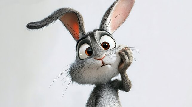 A cartoon rabbit is looking up at the camera with a puzzled expression