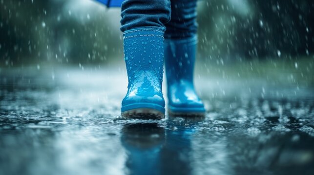 Rainy Day Adventures: A child's blue rain boots splash through a puddle in the rain, capturing the simple joy of childhood and the beauty of a rainy day. 