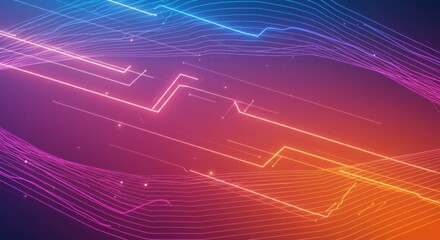 Abstract Tech Flow:  Dynamic, vibrant waves of color intersect with glowing circuit lines, creating a futuristic and energetic digital landscape. Perfect for technology, innovation.