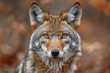 Obraz premium A striking close-up of a coyote, its intense gaze captivating against a blurred autumnal backdrop. The rich browns and grays of its fur contrast beautifully with the amber of its eyes.