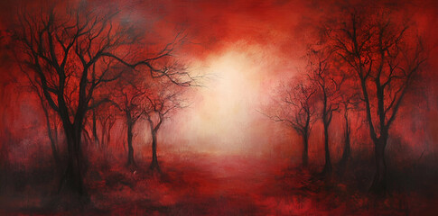 A surreal landscape featuring dark trees against a glowing red and orange background.