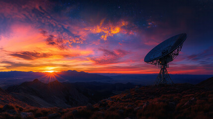 satellite dish stands in tranquil mountain setting, capturing stunning sunset with vibrant colors and starry sky