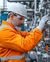 A worker in an orange jumpsuit inspects machinery in an industrial setting.