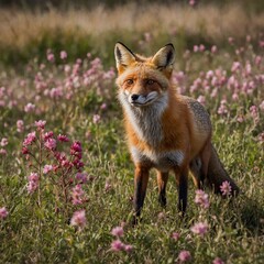 Fototapeta premium A playful red fox emerging from a field of wildflowers with pink flowering trees in the backdrop.
