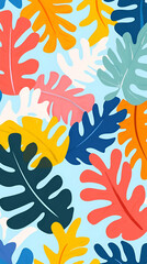 Naklejka premium A vibrant pattern of colorful tropical leaves on a light blue background.