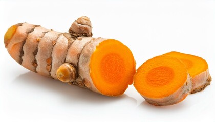 Vibrant Turmeric Root Slices. A close-up of a turmeric root, sliced to reveal its bright orange interior, against a stark white background.