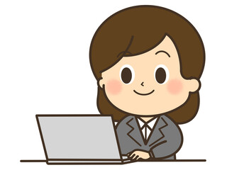パソコンを使っているスーツを着た女性のイラスト