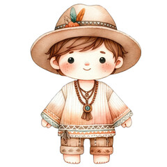 Playful child character in traditional attire whimsical illustration cartoon style light background cheerful concept