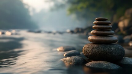 zen like photograph deep depth of field and soft relaxing lighting, natural minimalistic calming river background scene out of focus, with a round river rock stack to the side of the composition