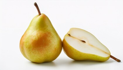 A whole pear and a pear half on white background. Fresh and juicy, ready to eat!